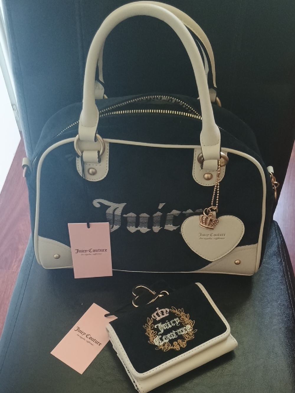 Juicy Couture Black and Cream Satchel with  Wallet Heart Charm